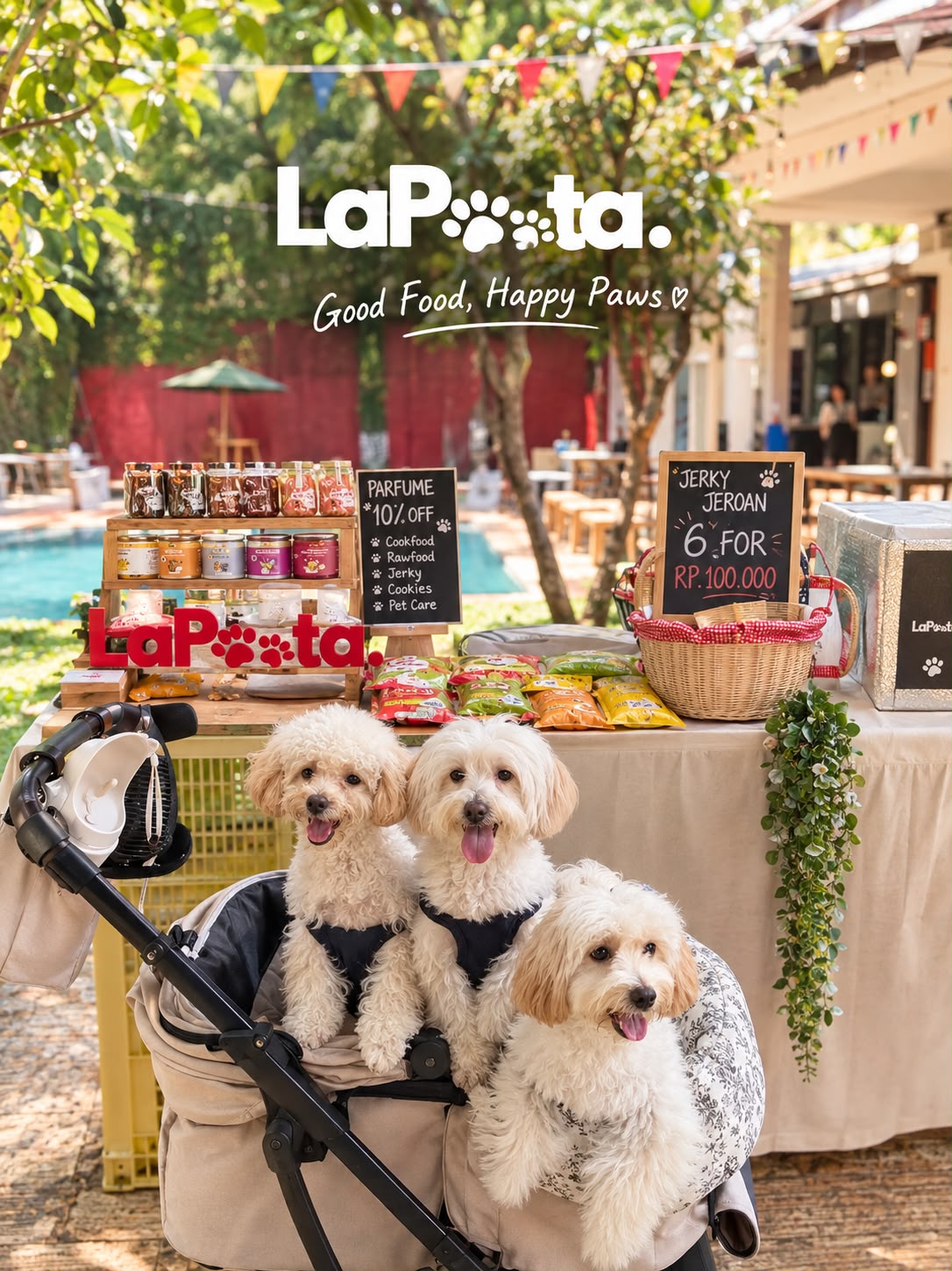 Foto booth pop-up LaPoota dengan tiga anabul dan display produk